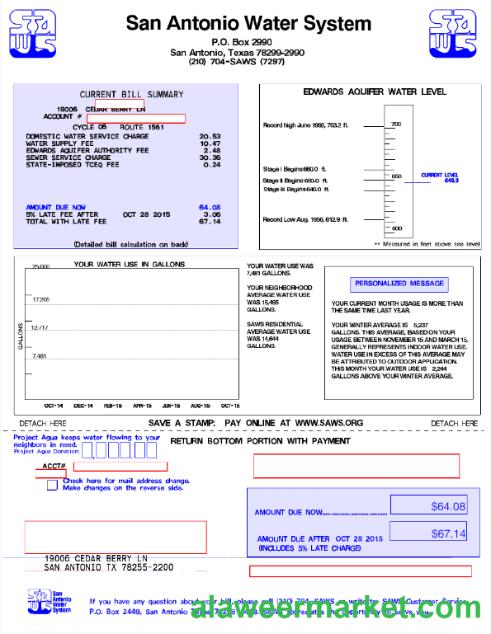 USA SAN ANTONIO WATER SYSTEM utility bill Word and PDF template